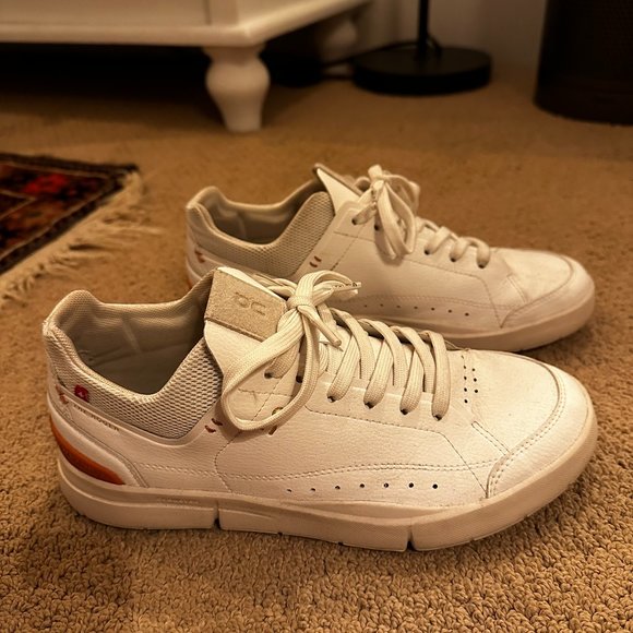 On Running White Sneakers with Orange Accents - Picture 1 of 2